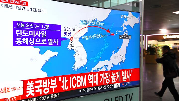   North Korea tests suspected ICBM, latest ICBM can hit Washington and most of US  

 North Korea fired what appeared to be an intercontinental ballistic missile (ICBM) that landed close to Japan, officials said, with some scientists cautioning that Washington, DC could now theoretically be within range of Pyongyang’s weapons, reports Reuters. The country fired the missile, its first launch since mid-September, a week after US President Donald Trump put it back on a US list of countries it says support terrorism. 

 The South Korean military said the missile, fired on a steep trajectory, reached an altitude of around 4,500 km and flew 960 km before landing in Japan’s exclusive economic zone. “It went higher frankly than any previous shot they’ve taken, a research and development effort on their part to continue building ballistic missiles that can threaten everywhere in the world, basically,” US Defence Secretary Jim Mattis said. 

 The Pentagon said its initial assessment was that an ICBM was launched from Sain Ni in North Korea and travelled about 1,000 km before splashing down in the Sea of Japan. The missile did not pose a threat to the United States, its territories or allies, the Pentagon said. 

 Japanese officials said the missile flew for 53 minutes and broke up before landing in Japan’s exclusive economic zone. Defence Minister Itsunori Onodera said it was judged to be ICBM class given its lofted trajectory. 

 “If these numbers are correct, then if flown on a standard trajectory rather than this lofted trajectory, this missile would have a range of more than 13,000 km... Such a missile would have more than enough range to reach Washington, DC, and in fact any part of the continental United States,” the US-based Union of Concerned Scientists said. 

 However, it was unclear how heavy a payload the missile was carrying, and it was uncertain if it could carry a large nuclear warhead that far, the non-profit science advocacy group added. 

 Minutes after the North fired the missile, South Korea’s military conducted a missile-firing test in response, the South Korean military said.  ( Picture courtesy: Gettyimages ) 