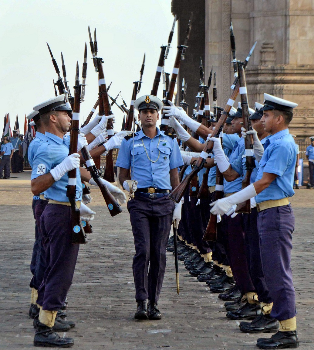   Mumbai:  Naval personnel rehearsal for the upcoming Navy Day Celebration, at Gateway of India, in Mumbai on Tuesday. PTI 