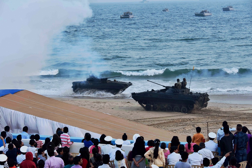   Visakhapatnam:  The Eastern naval Command (ENC) is conducting Naval Operational display highlighting the multi-dimensional warfare capability of the Indian Navy in protecting the vast Maritime borders and offshore assets of our country on the occasion of Navy Day at RK Beach, Visakhapatnam on Monday. PTI 