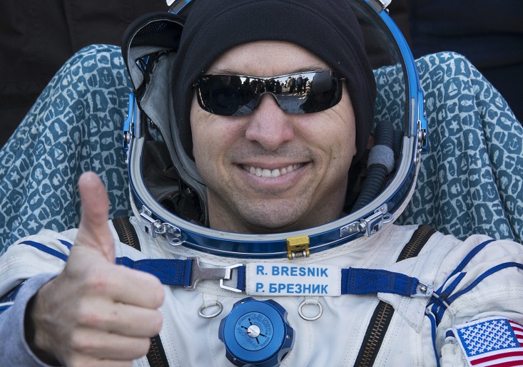   Zhezkazgan:  US astronaut Randy Bresnik rests in a chair shortly after he and ESA (European Space Agency) astronaut Paolo Nespoli, and Roscosmos cosmonaut Sergey Ryazanskiy landed in their Soyuz MS-05 spacecraft in a remote area near the town of Zhezkazgan, Kazakhstan on Thursday. Bresnik, Nespoli and Ryazanskiy are returning after 139 days in space onboard the International Space Station. AP 