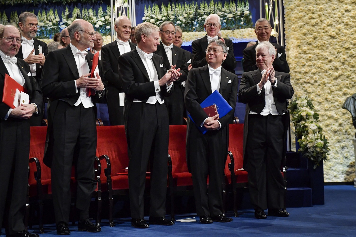   Stockholm:  From left, Nobel Laureate in Physiology or Medicine Jeffrey Hall, Nobel Laureate in Physiology or Medicine Michael Robash, Nobel Laureate in Physiology or Medicine Michael Young, Nobel Laureate in Literature Kazuo Ishiguro and Nobel Laureate in Economics Richard Thaler attend the 2017 Nobel prize award ceremony at the Concert house in Stockholm on Sunday. AP 