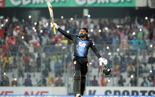   Chris Gayle breaks sixes record in Bangladesh Premier League final  

 Chris Gayle hit 18 sixes on his way to an unbeaten 146 off 69 balls for Rangpur Riders against Dhaka Dynamites to create Twenty20 cricket history in the Bangladesh Premier League final on Tuesday, reports Reuters. Gayle, who was dropped by Shakib Al Hasan on 22, broke the record he set when he smashed 17 sixes in an unbeaten 175 for Royal Challengers Bangalore against Pune Warriors in the Indian Premier League’s 2013 final. 

 The 38-year-old Jamaican’s knock also took him past 11,000 runs in the shortest format of the game and made him the first player to score 20 centuries in T20 cricket. Gayle, who has now struck 819 sixes in T20 cricket, last played a T20 international for West Indies in September and his last test match was against Bangladesh in 2014. His unbeaten 201-run partnership with New Zealand’s Brendan McCullum steered Rangpur Riders to 206 for 1. ( Picture courtesy: Bangladesh Cricket Board ) 