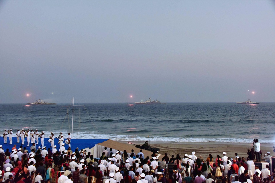   Visakhapatnam:  The Eastern naval Command (ENC) is conducting Naval Operational display highlighting the multi-dimensional warfare capability of the Indian Navy in protecting the vast Maritime borders and offshore assets of our country on the occasion of Navy Day at RK Beach, Visakhapatnam on Monday. PTI 