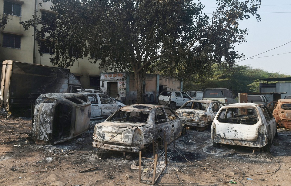    Charred vehicles following the violence during celebrations of 200th anniversary of the Battle of Bhima in Koregaon near Pune on Tuesday. PTI   