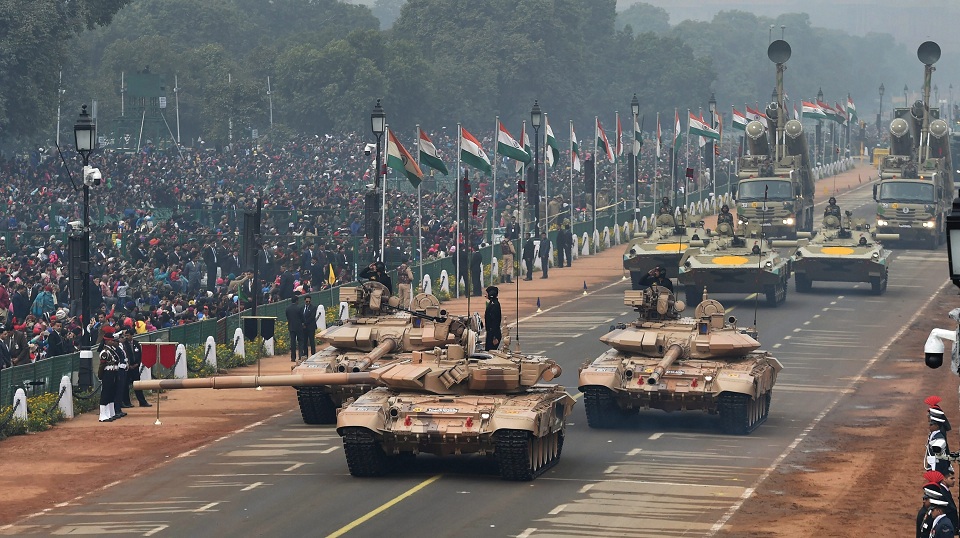    Army tanks move past the saluting dias during full dress rehearsal for the 69th Republic Day Parade at Rajpath in New Delhi on Tuesday. PTI   