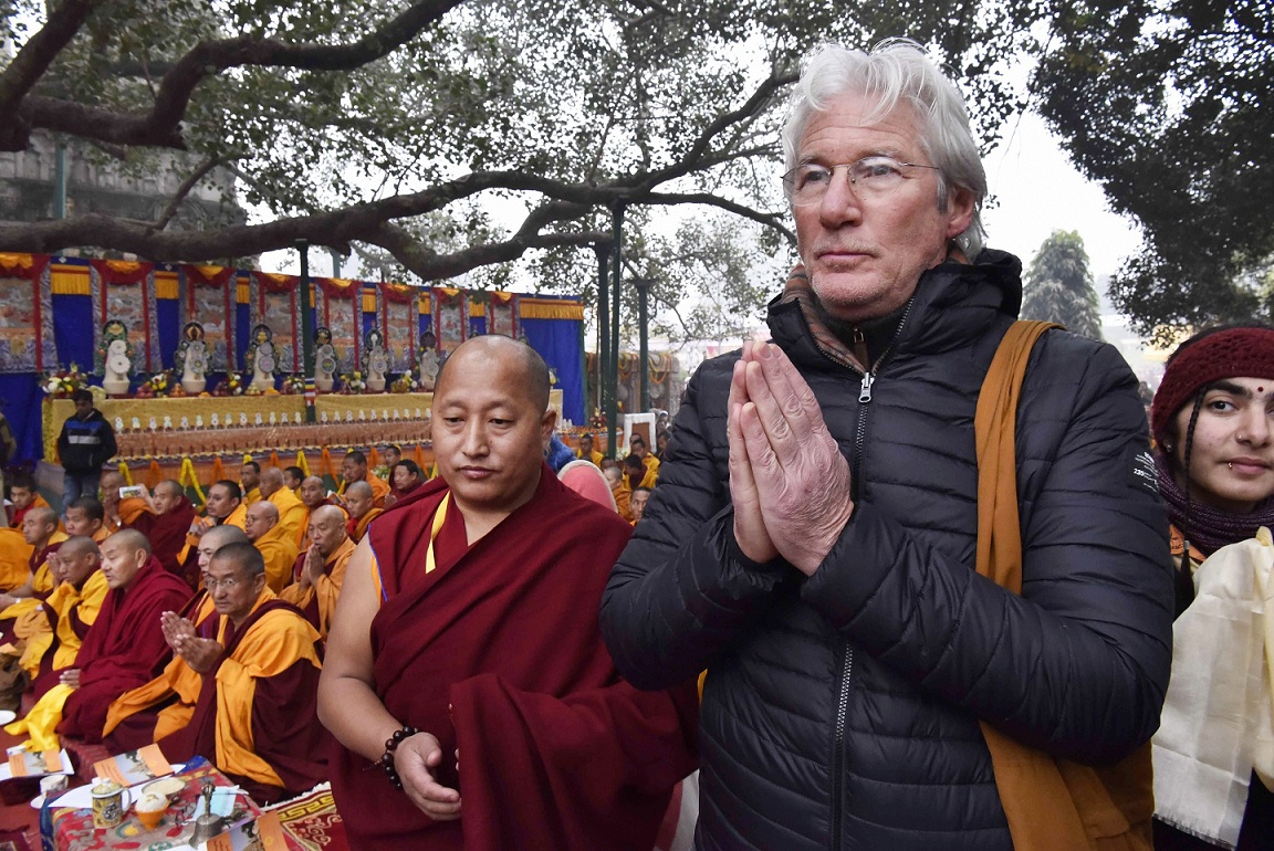   Hollywood actor Richard Gere arrives at Mahabodhi Temple to attend the teachings of Tibetan spiritual leader the Dalai Lama in Bodh Gaya on Saturday. PTI   