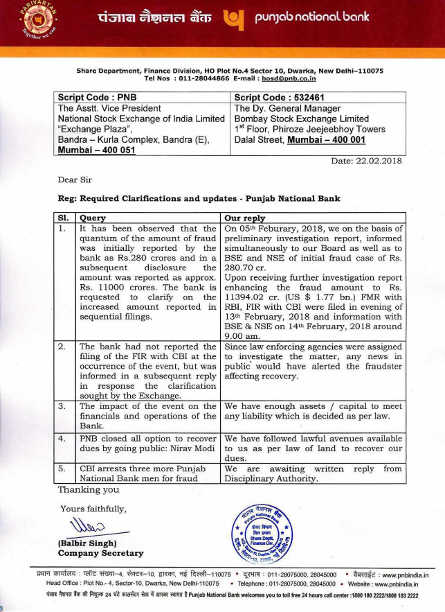    Here's a snippet of PNB's clarification to the stock markets' queries   