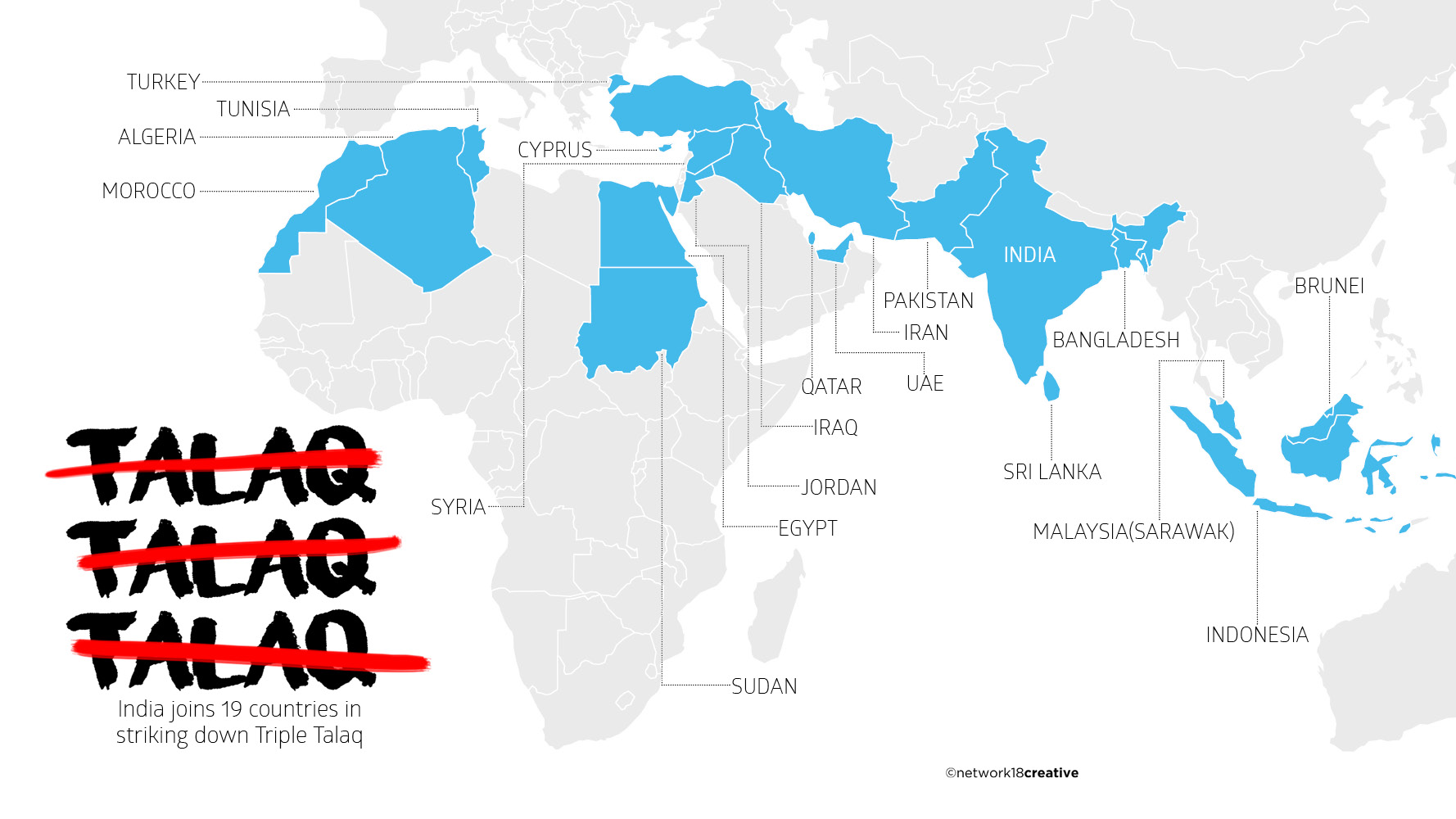 Here's a map of the world indicating countries that have struck down the practice of Triple Talaq:   Here's a map of the world indicating countries that have struck down the practice of Triple Talaq: