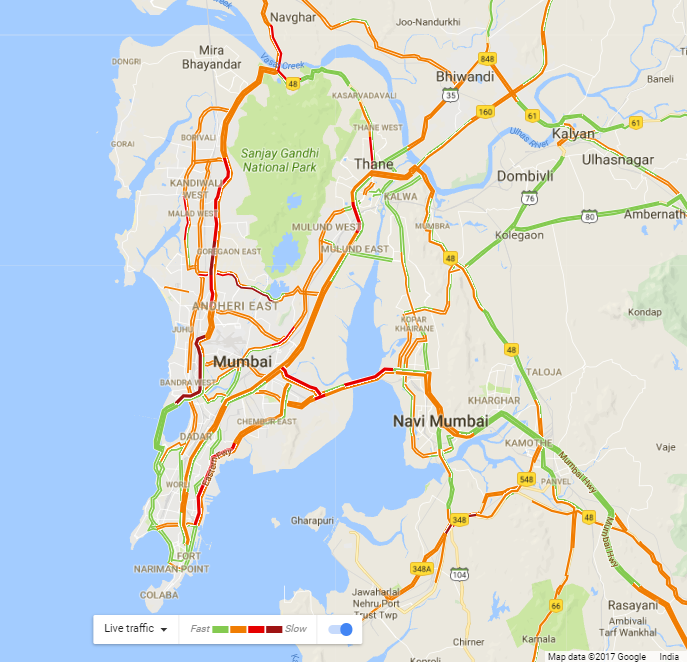  Here's a map showing heavy traffic (in red) across parts of Mumbai and the metropolitan region as of 21:26IST. 
 Courtesy: Google Maps  