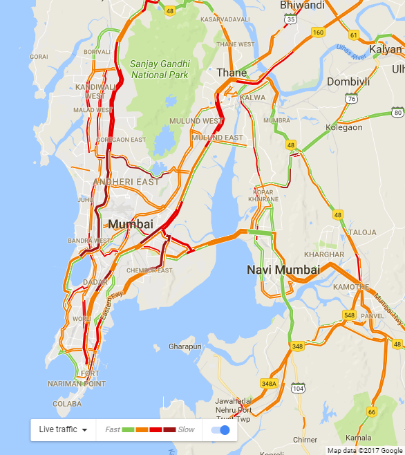  Here's a map showing heavy traffic (in red) across parts of Mumbai and the metropolitan region as of 20:00 IST. 
 Courtesy: Google Maps  