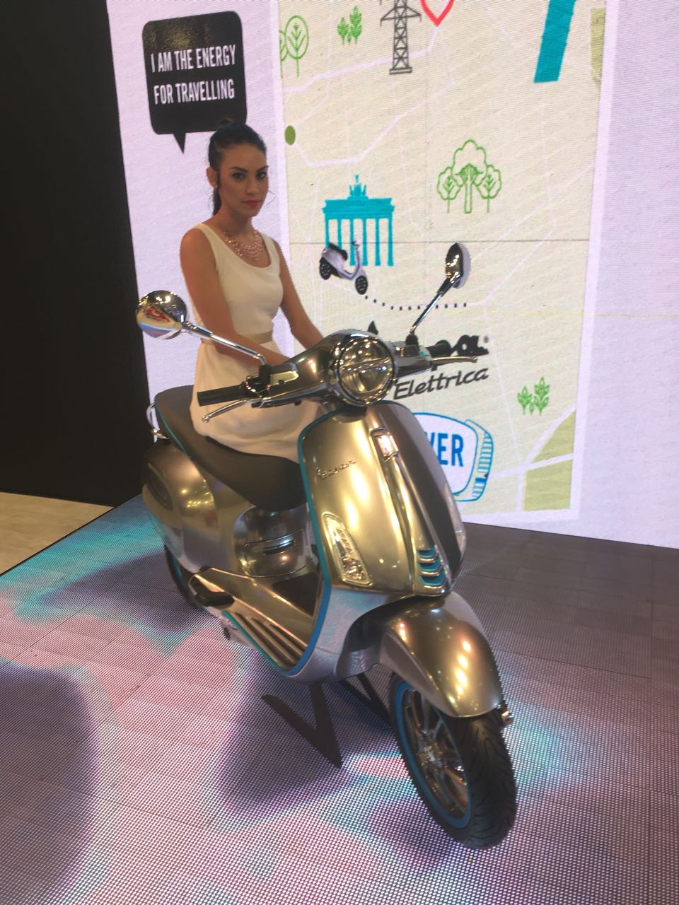 <p>The Vespa Elettrica scooter at the Piaggio stall at the Auto Expo 2018, Hall no. 2, stand no. E-40</p>