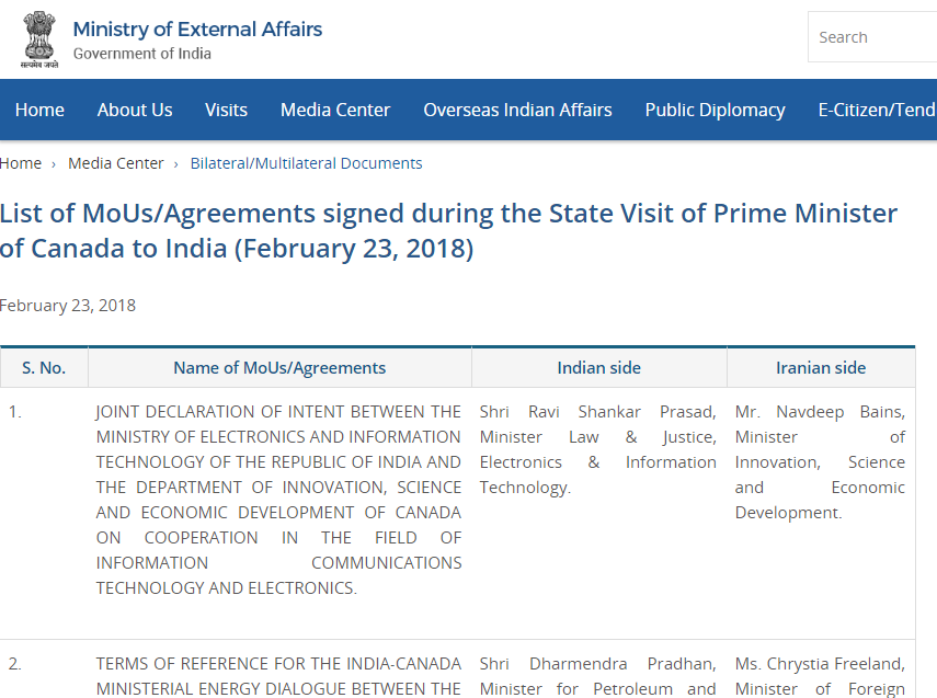  Meanwhile, the Ministry of External Affairs has mistakenly mentioned Canada as Iran in a statement titled 'List of MoUs/Agreements signed during the State Visit of Prime Minister of Canada to India'. 

