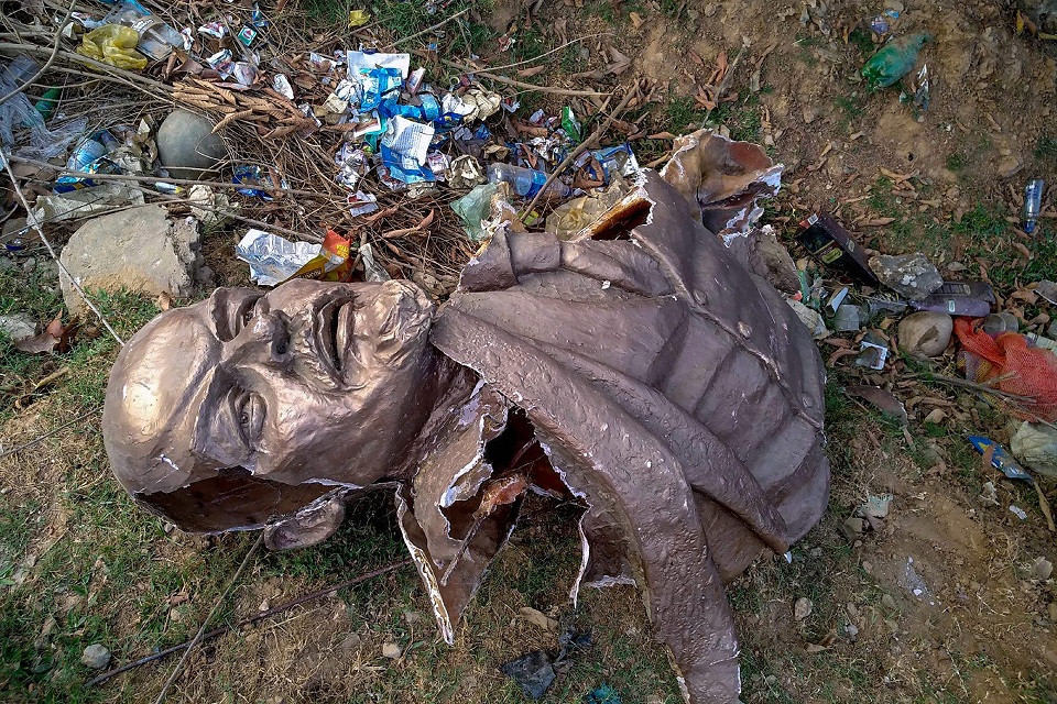    Remains of the five-feet-tall statue of Lenin which was allegedly demolished by a pay-loader at Belonia in South Tripura district on Monday afternoon and was thrown at the nearby jungle. The statue, made of fiber glass, was inaugurated at College Square at Belonia a few months back by CPM politburo member Prakash Karat. PTI   