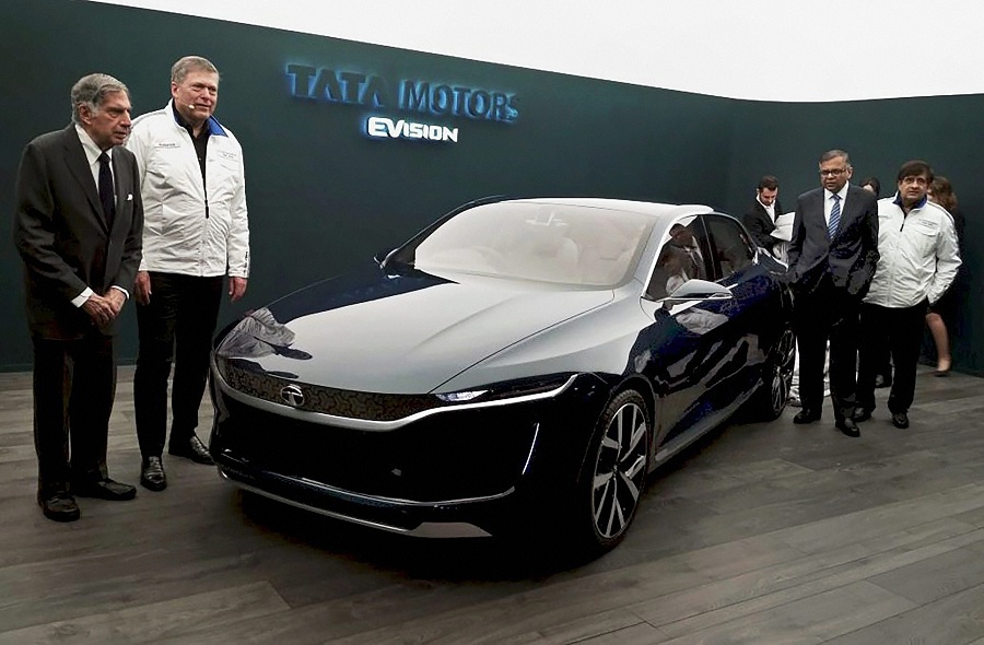    Tata Group's Chairperson Emeritus Ratan N Tata and Tata Sons Chairperson N Chandrasekaran unveil Tata Motors' electric concept vehicle at Geneva Motor show in Geneva on Tuesday. PTI   