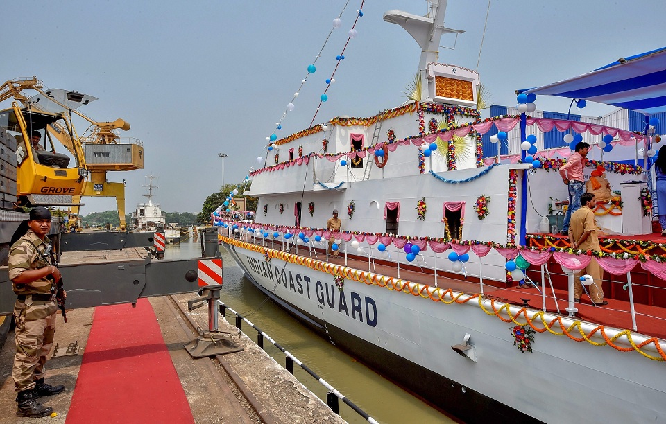  Fast Patrol Vessel (FPV) 'Annie Besant', entirely designed by Garden Reach Shipbuilders & Engineers, during its launch for Indian Coast Guard at Rajabagan Dockyard in Kolkata on Saturday. PTI 