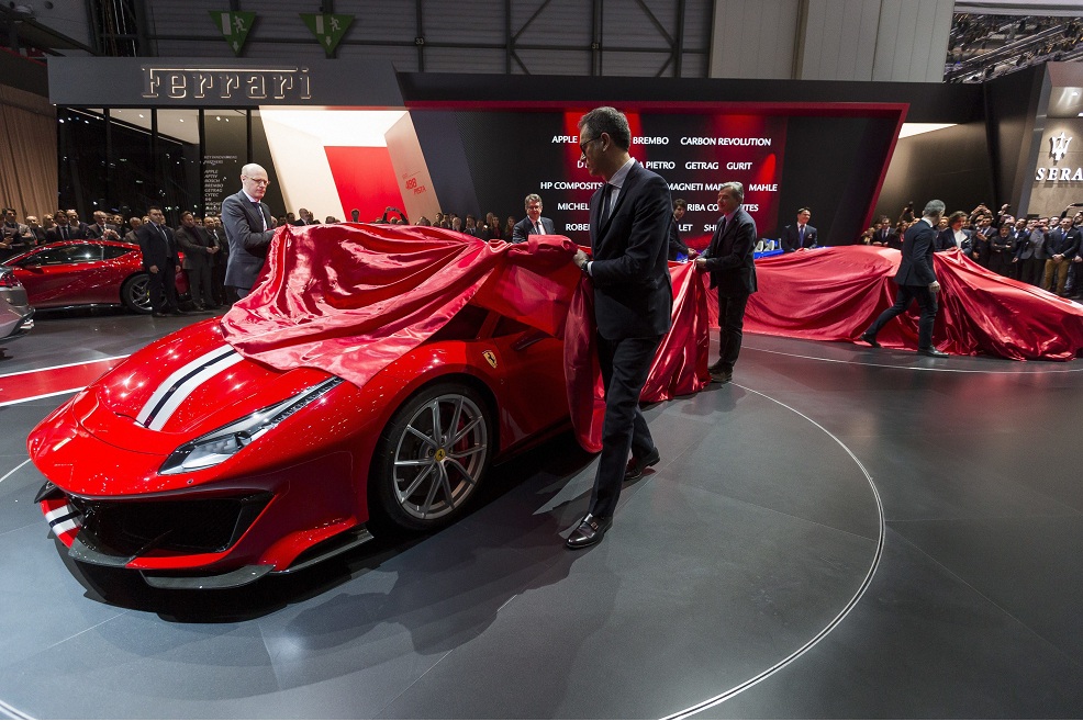    The new Ferrari 488 Pista is unveiled during the press day at the 88th Geneva International Motor Show in Geneva on Tuesday. The Motor Show will open its gates to the public from March 8 to 18. AP   