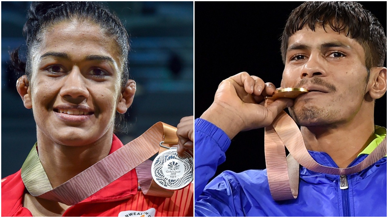   Left: India's Babita Kumari won the silver medal in Women’s Freestyle 53kg Nordic, playing against Canada's Diana Weicker.  

  Right: Rahul Aware won the gold medal in men's freestyle 57kg wrestling on Thursday. (Images: PTI)  