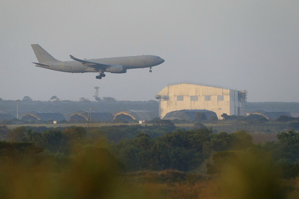  A Royal Forces aircraft prepares for landing at British Royal Air Forces base in Akrotiri, near the costal city of Limassol, in the eastern Mediterranean island of Cyprus on Saturday. Image: AP 