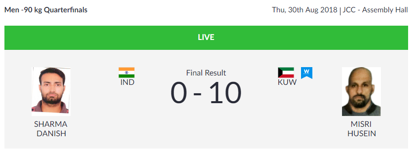   KURASH  | India's Danish Sharma loses 0-10 to Kuwait's Husein Misri in the Men's 90 kg Quarterfinals.  (Image: Asian Games 2018)   