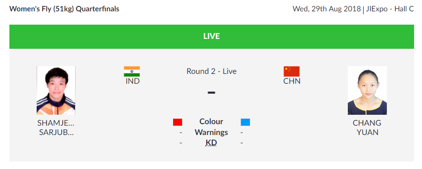   BOXING   |  India's Sarjubala Devi is up against China's Yuan Chang Hang in the Women's Fly 51 kg weight category.  (Image: Asian Games 2018)  