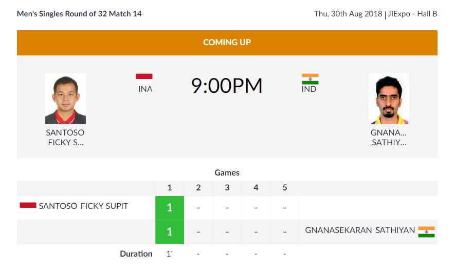   TABLE TENNIS | Men's Singles Round of 32  

 India's Sathiyan Gnanasekaran is in action against Indonesia's Ficky Supit Santoso.  