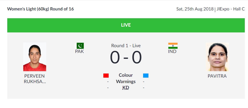   BOXING |  India's Pavitra and Pakistan's Ruksana Perveen enter the ring for the Women's Light (60 kg) Round of 16.  (Image: Asian Games 2018)    