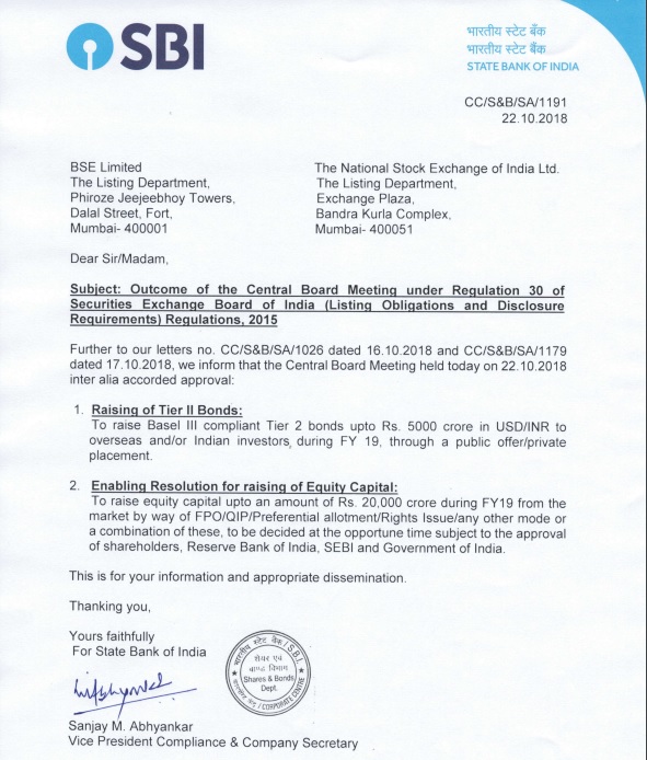  State Bank of India’s Board has approved raising up to Rs 20,000 crore through securities in FY19. 