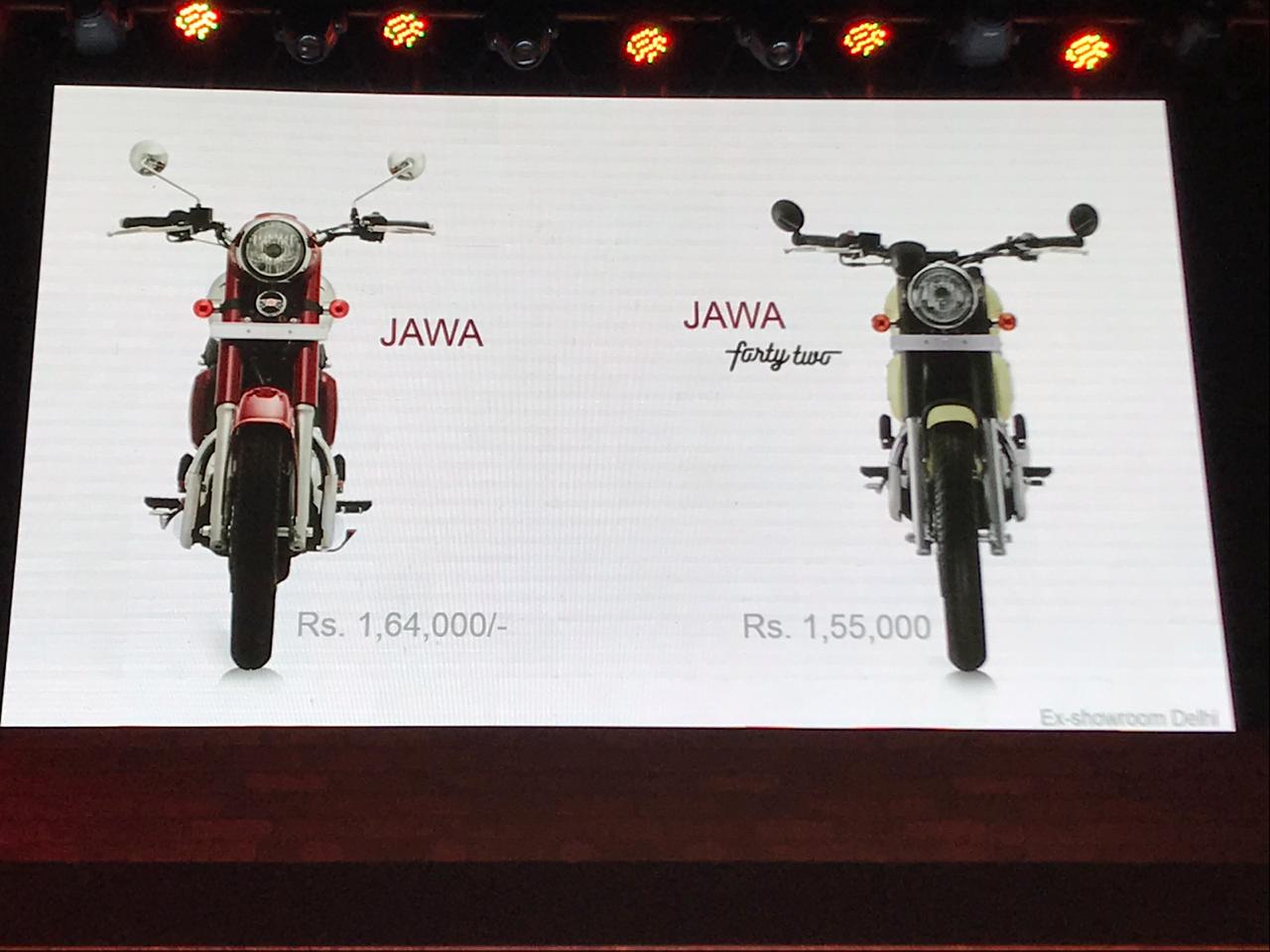 <p>The Jawa&nbsp;and Jawa&nbsp;Forty Two have been launched in India today. Ex Delhi prices are Rs 1.64 lakh and Rs 1.55 lakh. The perak will launch at later date&nbsp;at Rs 1.89 lakh</p>