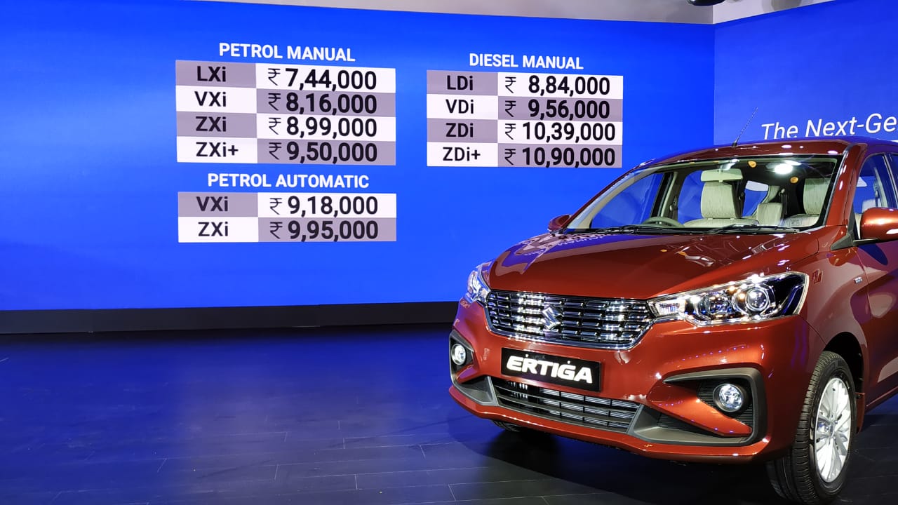 <p>The 2018 Maruti Suzuki Ertiga launched in India at Rs 7.44 lakh (ex-showroom India).&nbsp;The new generation Maruti Suzuki Ertiga is available in 10 variants with the top-spec diesel variant priced at Rs 10.90 lakh.</p>