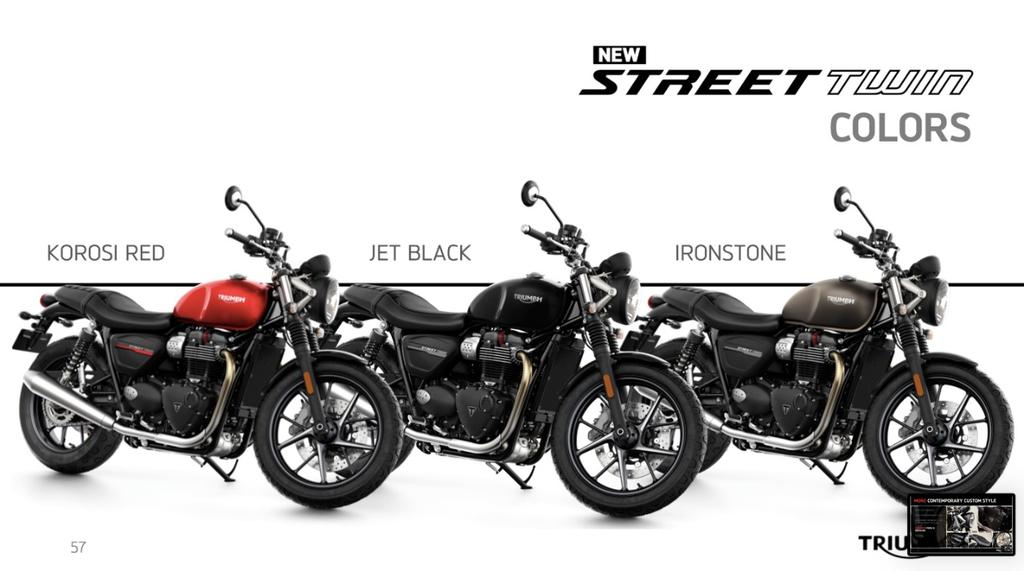 <p>The new 2019 Triumph Street Twin will be offered in 3 colours i.e. Korosi Red, Jet Black and Matt Ironstone</p>