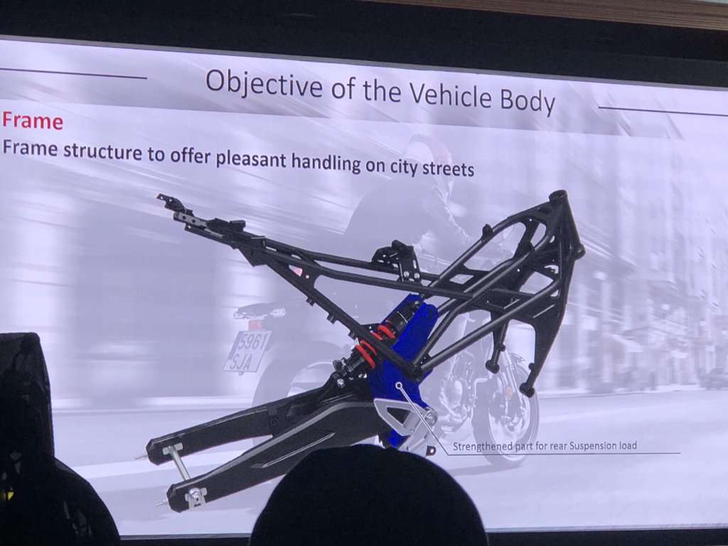 <p>Centralisation and lightening has a huge impact on handling. New trellis frame plus strong pivot plate is the heart of the handling. Honda says suspension quality is unknown for the class. Monoshock has separate chambers for gas and oil.</p>