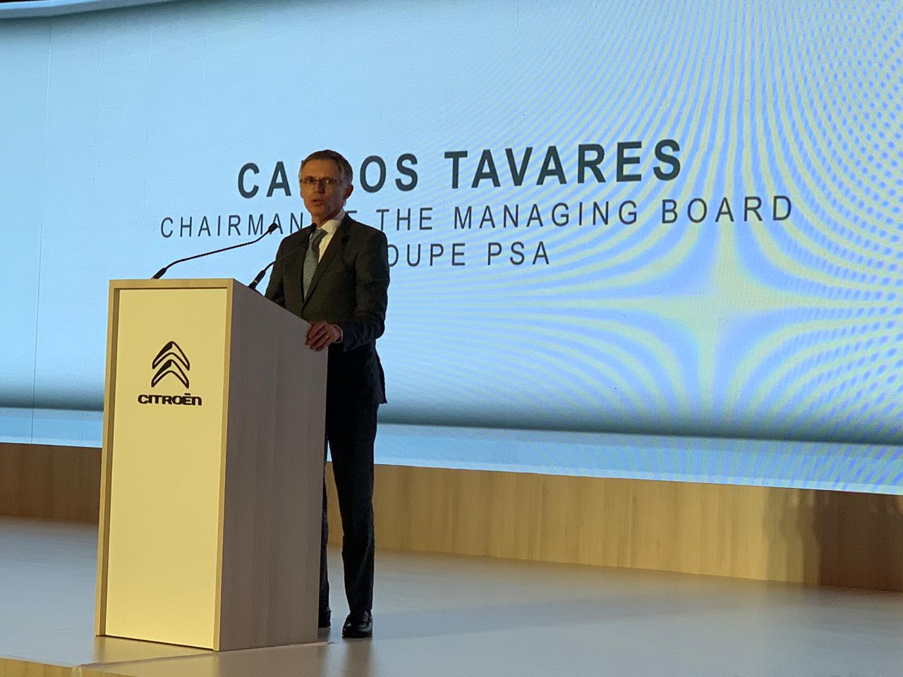 <p>Carlos Tavares addresses the media at the PSA Groupe conference in Chennai</p>