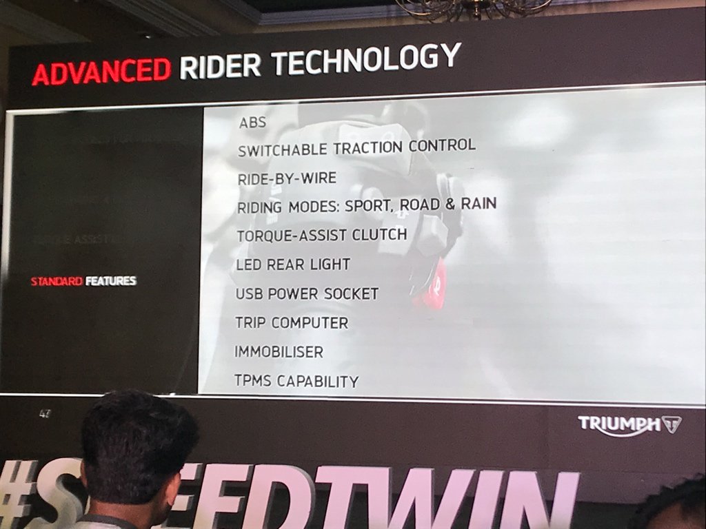 <p>Rider aids on the Triumph India Speed Twin include three riding modes-Sport, Road and Rain, switchable traction control, ABS and a torque assist clutch.</p>