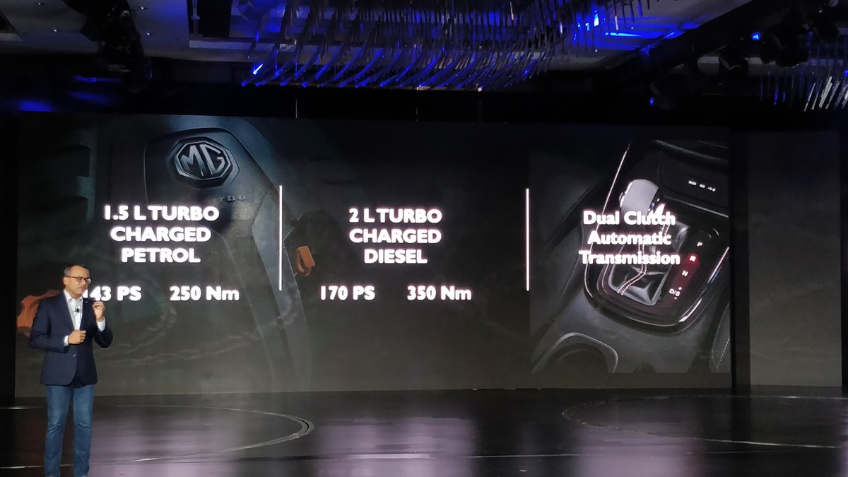 <p>The MG Hector&#39;s engine options</p>

<p>1.5T petrol 143PS/250Nm<br />
2.0T diesel 170PS/350 Nm</p>