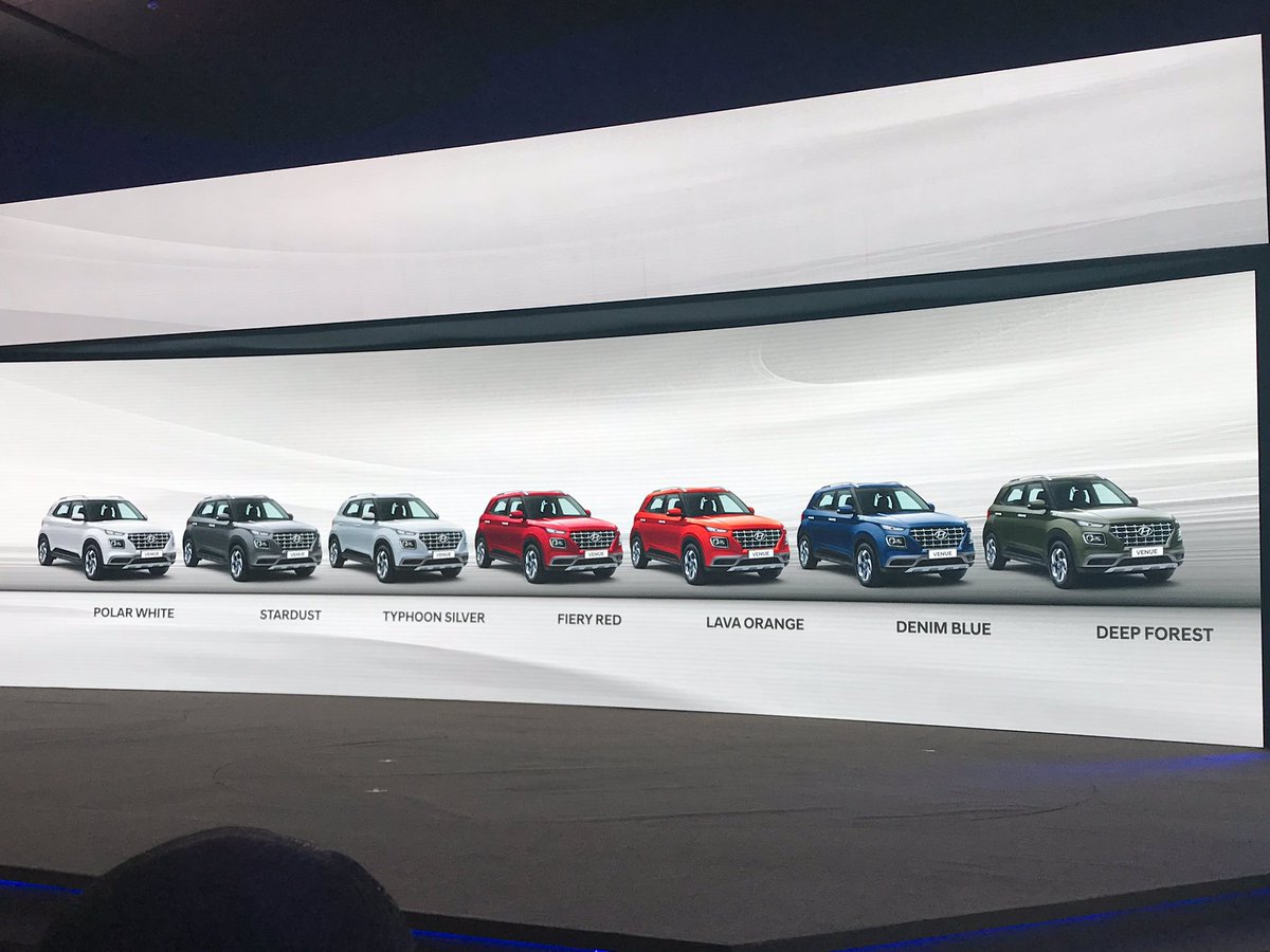 <p>Here are the colour options that will be offered on the Venue SUV</p>