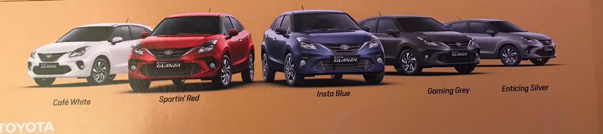 <p>Here are the different colour options in which you can get the Toyota Glanza.</p>

