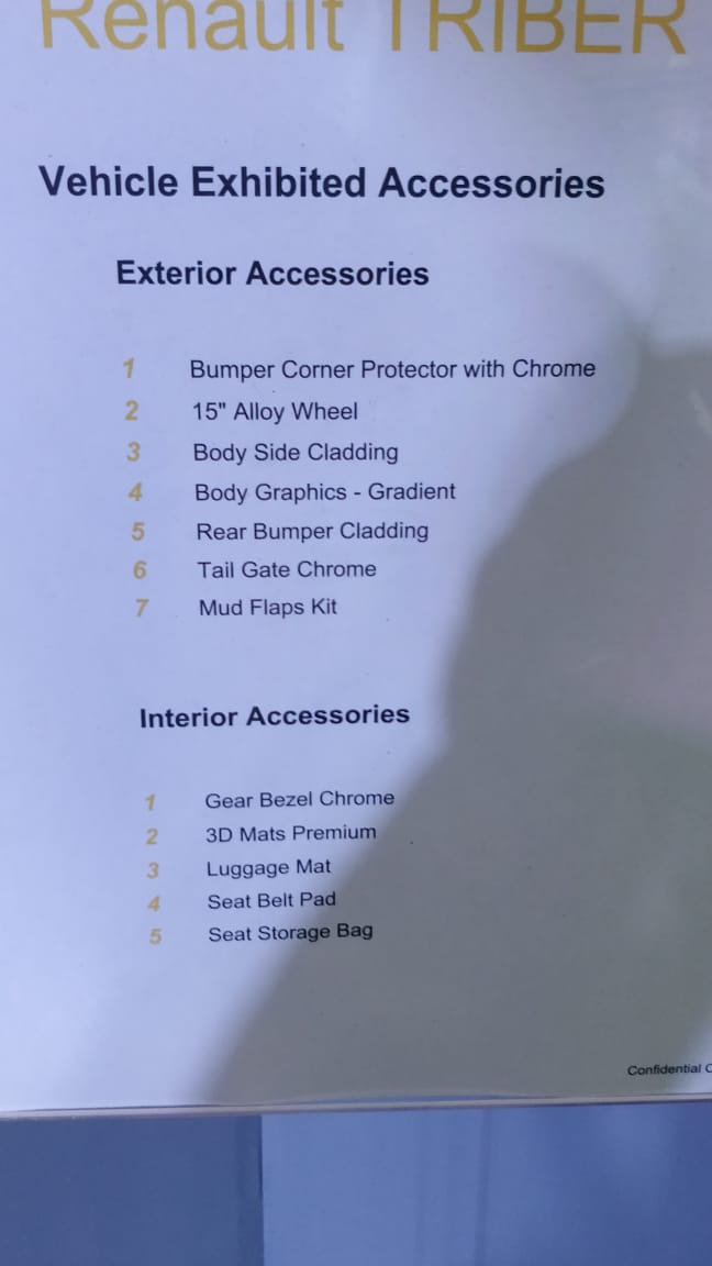 <p>The Renault Triber will be offered with optional accesories - interiors as well as exterior.</p>

<p>here is a list of what is on offer..</p>

