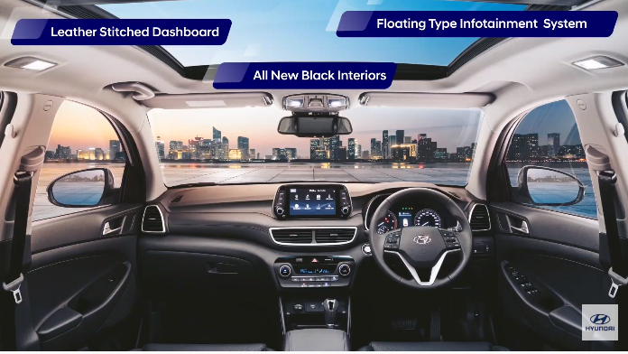 <p>The Tucson gets features like panoramic sunroof, Blue Link, dual-zone AC, powered front seats and a new 8 inch infotainment</p>