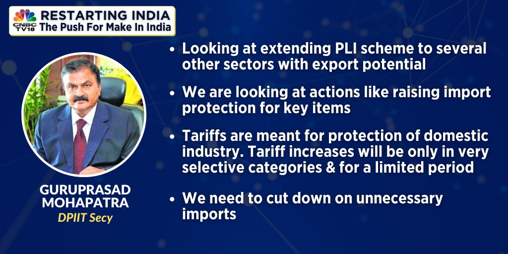 DPIIT Secy Guruprasad Mohapatra tells CNBC-TV18 that the government is looking at actions like raising import protection for key items. He notes that India faces an import challenge in sectors like furniture and leather. DPIIT Secy Guruprasad Mohapatra tells CNBC-TV18 that the government is looking at actions like raising import protection for key items. He notes that India faces an import challenge in sectors like furniture and leather.