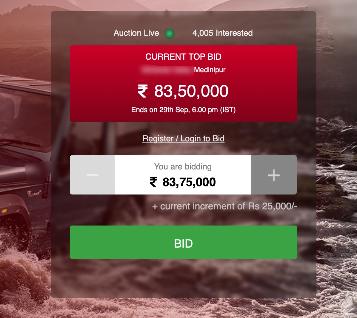<p>On the second day of bidding, the auction has crossed over the Rs 80 lakh mark, and the current top bid of Rs 83.5 lakh comes from Medinipur (Midnapore) in West Bengal. At this rate, the auction certainly looks set to cross well over a crore of rupees!</p>