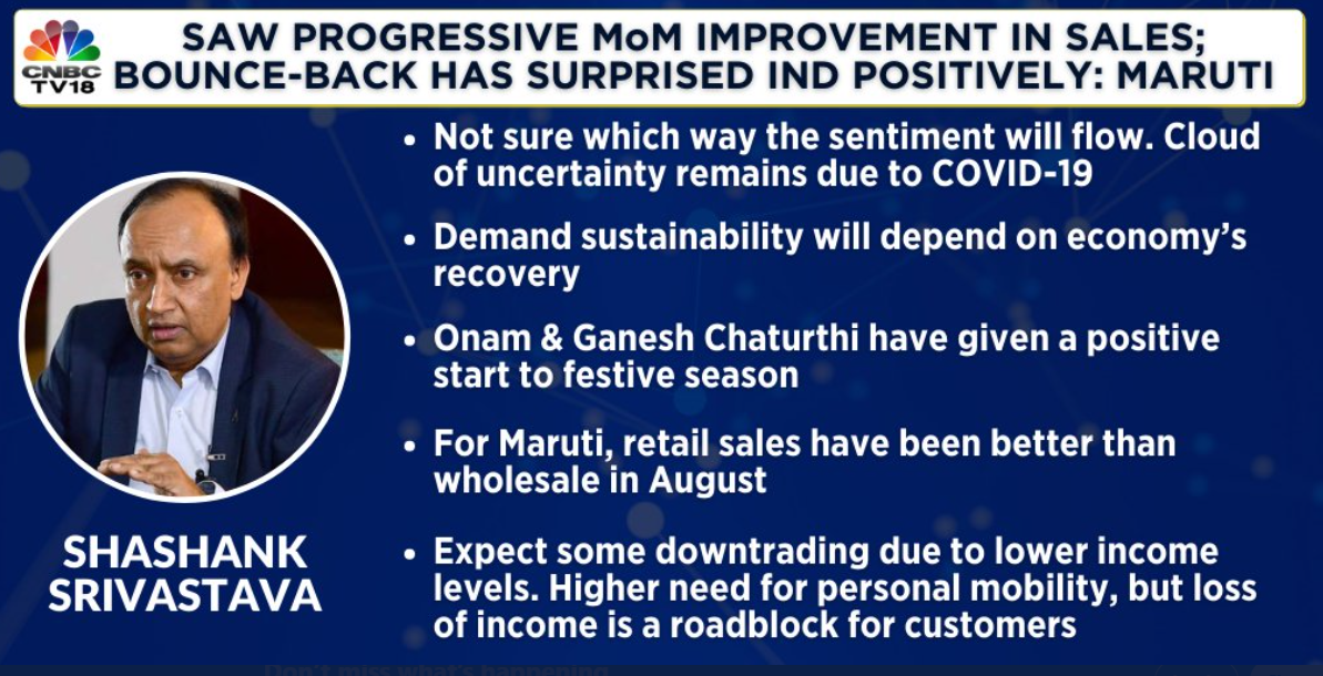  For Maruti, retail sales have been better than wholesale in August, says ED - (Marketing & Sales) Shashank Srivastava 