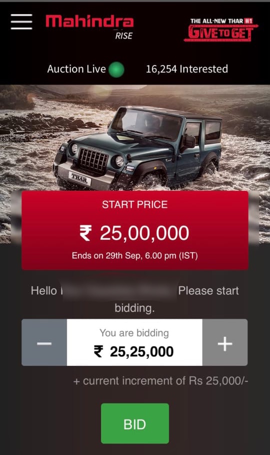<p>Bidding began at a minimum reserve price of Rs 25 lakh for the Mahindra Thar#1. Mahindra, of course, will match the winning bid and the proceeds go to charity.&nbsp;</p>