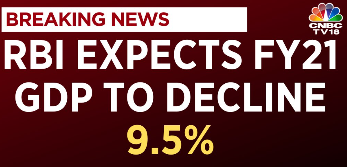   In its first official estimate, the RBI expects fiscal year 21 GDP growth to contract by 9.5%.  