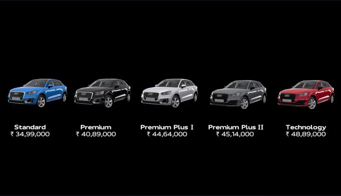 <p>Variant-wise pricing for the Audi Q2 crossover-SUV is as follows:&nbsp;</p>

<p>Standard - Rs 34.99L<br />
Premium - Rs 40.89L<br />
Premium Plus - Rs 44.64L<br />
Premium Plus II - Rs 45.14L<br />
Technology - Rs 48.89L</p>