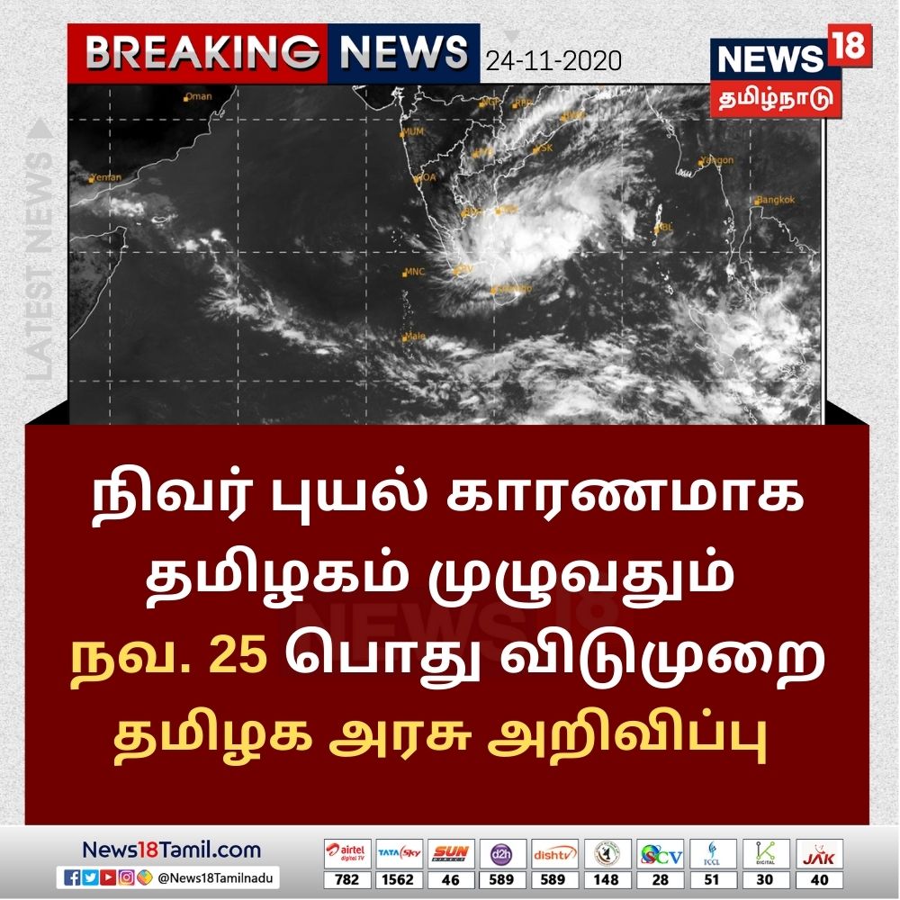 Cyclone Nivar Live Updates: நிவர் புயல் - நாளை தமிழகத்தில் பொது விடுமுறை  அறிவிப்பு | Nivar Cyclone hit to chennai today– News18 Tamil