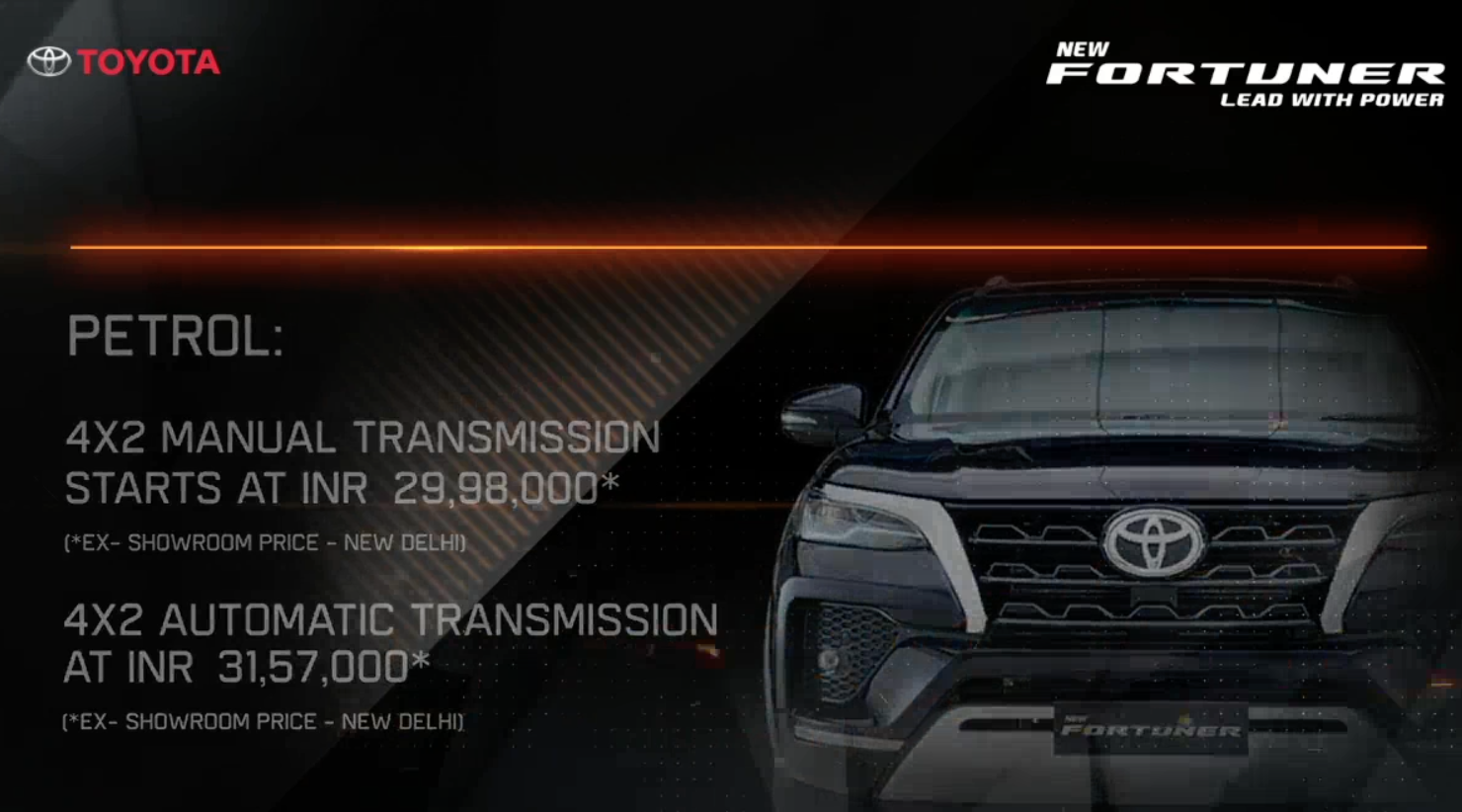 <p>Prices for the <a dir="ltr" href="https://twitter.com/hashtag/NewFortuner?src=hashtag_click">New Fortuner</a> start at Rs 29.98L for the petrol 4x2 MT, going up to Rs 37.43L for the diesel 4x4 AT.&nbsp;</p>