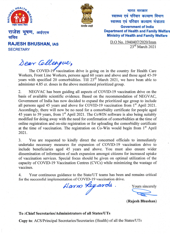  Health Secretary Rajesh Bhushan has written to States/UTs on the Centre's decision on vaccination for people above 45 years from April 1. 