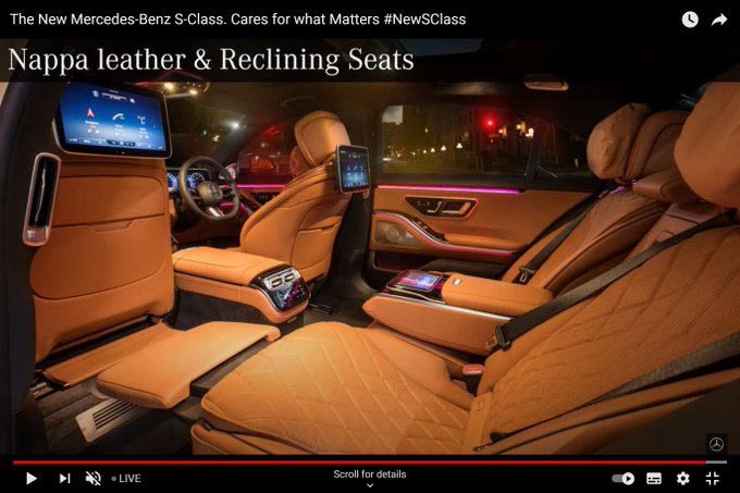 <p>Nappa leather upholstery, LED mood lighting with like a milion colour configurations, glass, aluminum, wood and tons of luxury accroutments define the current generation of the Mercedes-Benz S-Class.</p>