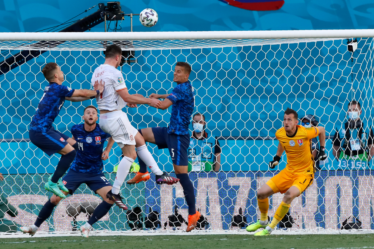  Spain's Laporte scored their second goal against Slovakia. 