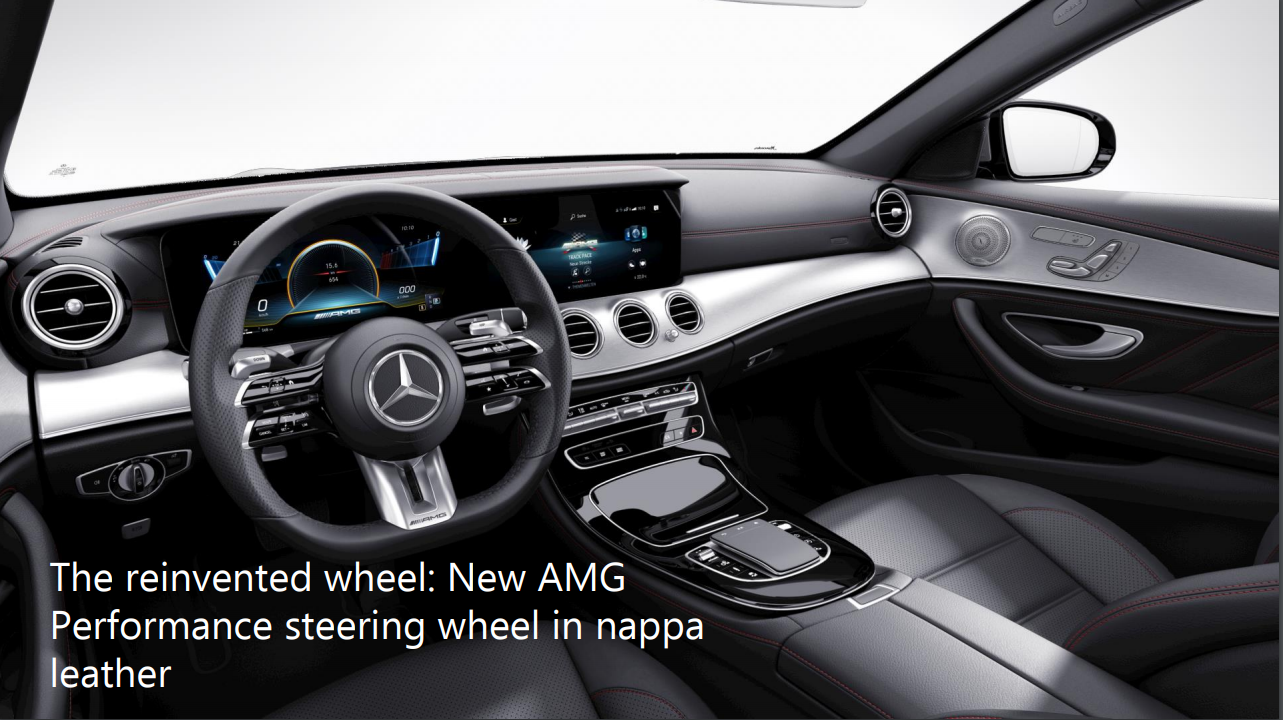 <p>he new-style twin-bar AMG steering wheel has been added here as well as the AMG-specific menus and dial for the dual 12.3 MBUX infotainment screens.</p>